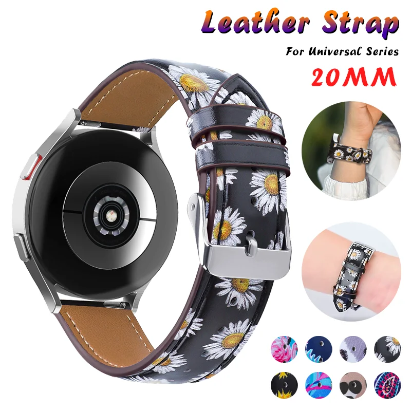 

20mm Printing Leather Watch Band for Samsung Watch 4/5 40 44mm Classic 42 46mm Business Casual Strap for Galaxy Watch 5 Pro 45mm