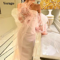 verngo baby pink satin evening dresses puff long sleeves feathers floor length prom gowns saudi arabic formal party dress