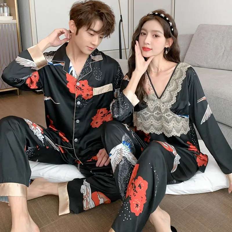 1 Couples' ice silk pajamas Spring and autumn women's suspenders nightgown sexy bathrobe men's silk home clothes nightgown suit