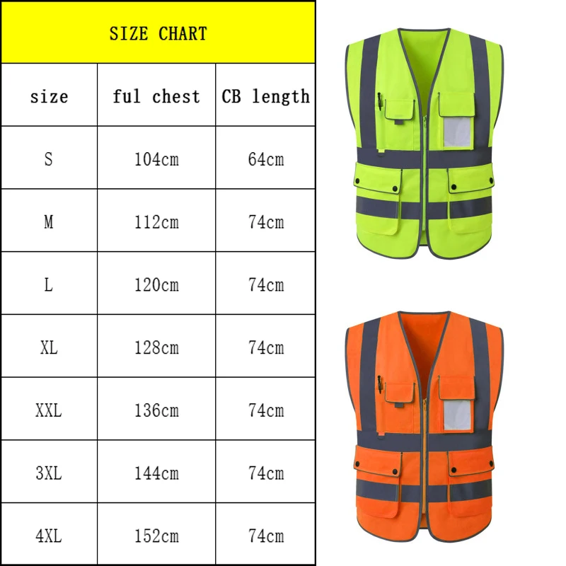 High Visibility Reflective Vest Zipper Front Safety With Strips Construction Workwear