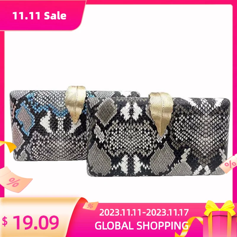 

Trendy Leaf Clasp Lock Metal Box Evening Purse Python Skin Clutch Bags Chain Crossbody Bag Handbags Woman 2021 Party
