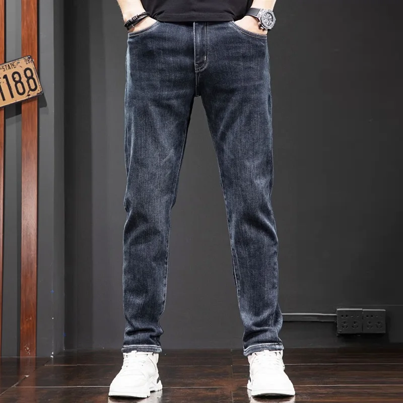 Autumn Winter Men Blue Jeans Casual Slim Fit Straight Pants Streetwear Fashion Embroidery Denim Trousers CP2179