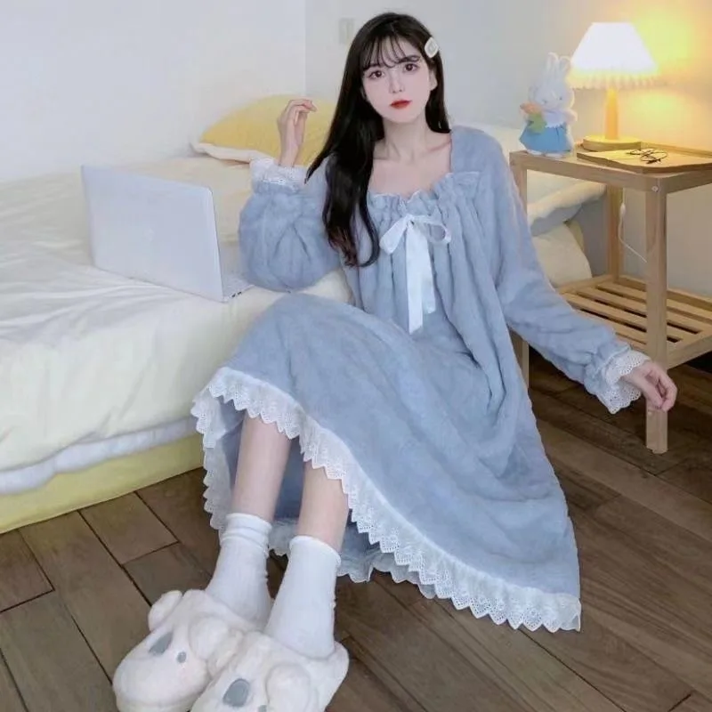 

2023 New Winter Long Sleeve Thick Warm Flannel Nightgowns for Women Korean Cute Lace Long Dress Sleepwear Night Dress Nightdress