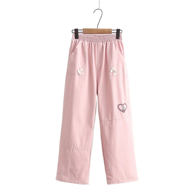 

Straight Casual Women Pants Cartoon Rabbit Embroidery Cotton Trousers 2022 Spring Elastic Waist Korean Ladies Pockets Bottom