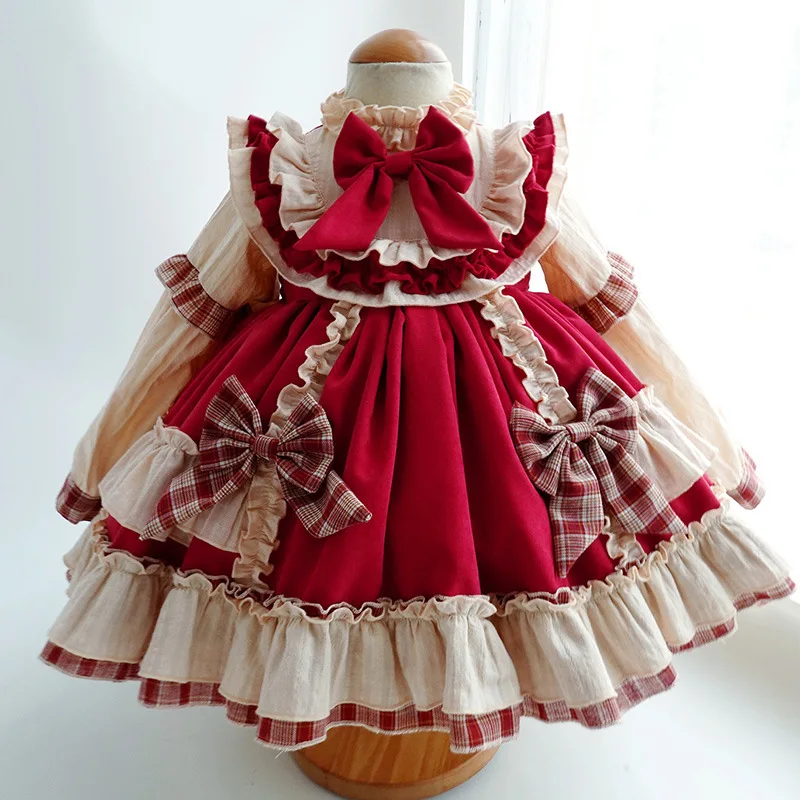 

2-14Y Baby Girl Lolita Autumn Winter Party Dress Red Patchwork Europe Vintage Spanish Princess Ball Gown Dress for Christmas Eid