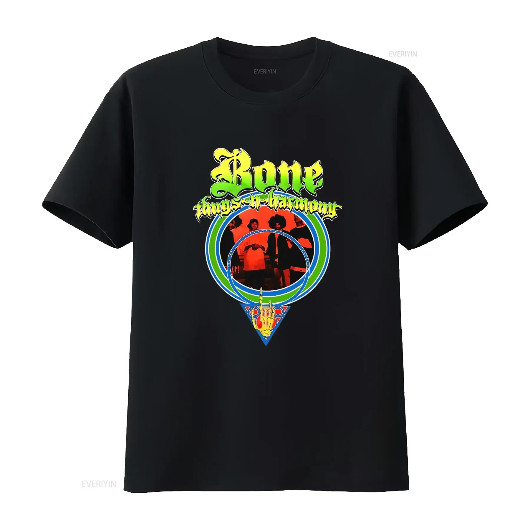 Фото Оригинальная футболка BONE THUGS N HARMONY I E S Slim Fit, черная, с дизайном группы, винтажная, с эффектом потертости, унисекс, стильная, универсальная, мужская, слегка состаренная. №1