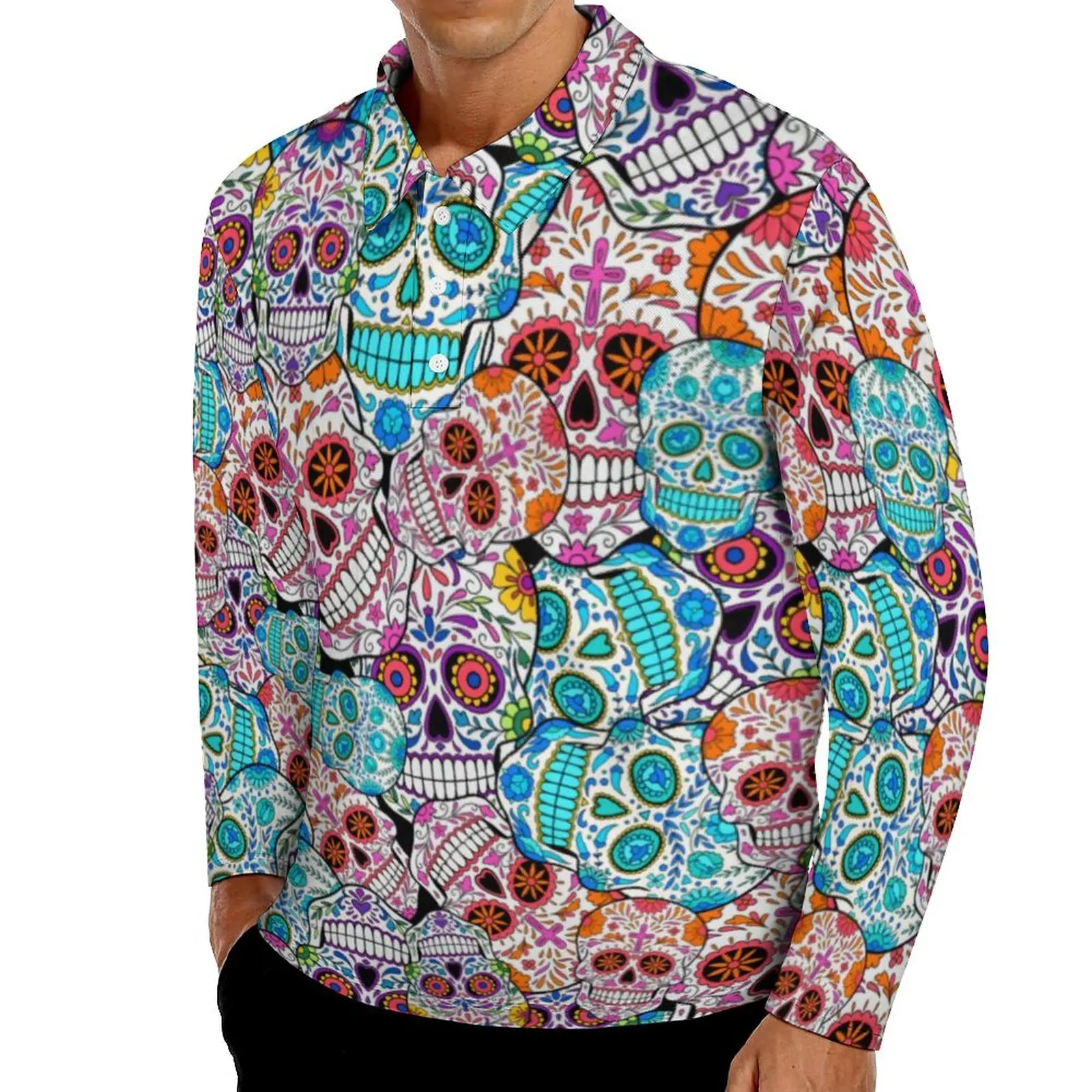 

Мужская рубашка-поло с принтом скелета, с длинным рукавом