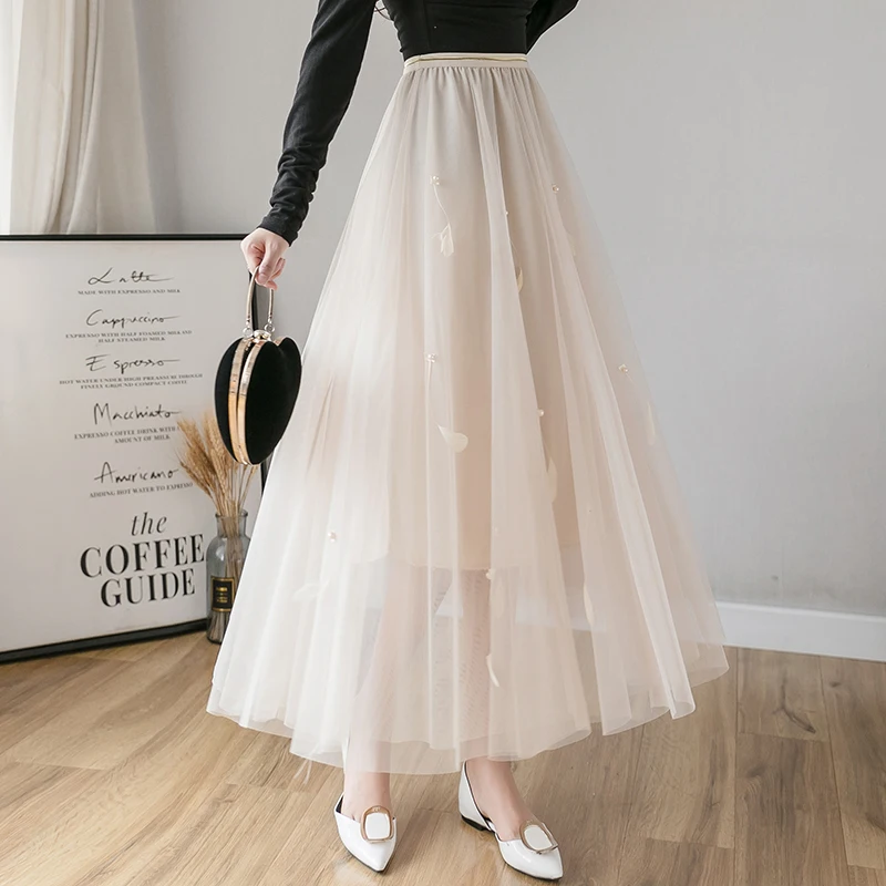 

Autumn and winter 2022 Korean version feather nail bead mesh skirt high waist long skirt 660B, 323-22