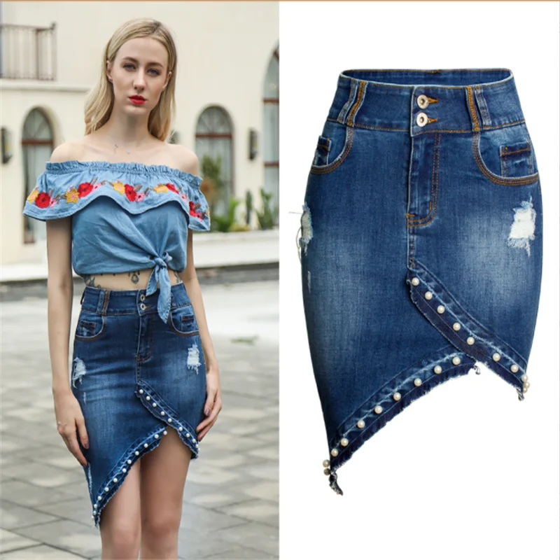 Женские джинсовые юбки с бусинами и жемчугом ассиметричные средней длины |