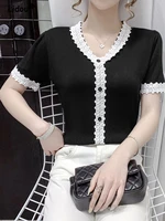 v neck elegant fashion lace splicing short sleeve shirt fashion woman blouses 2022 single breasted jacquard cardigan pullovers