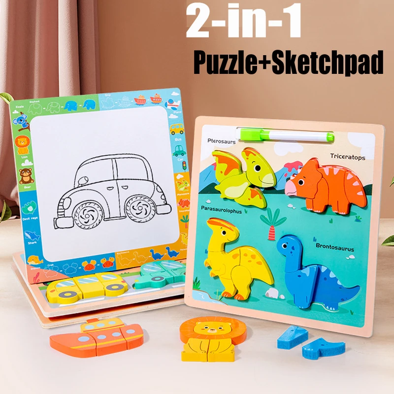 

2in1 Baby Toy 3D Wooden Puzzle and Painting Kids Toy Cartoon Animal Puzzle Intelligence Children's Early Education Puzzle Toys