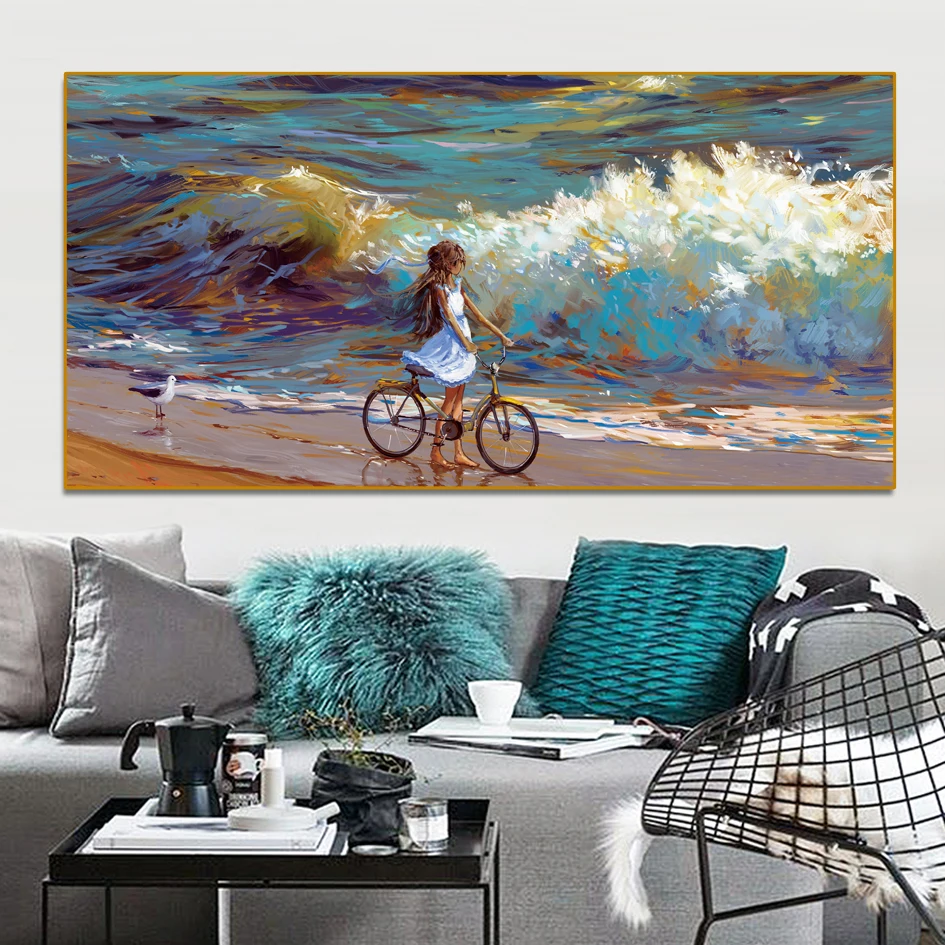 

A Little Girl Riding a Bicycle and Watching the Sea Art Oil Painting Art Canvas Modern Art Wall Picture for Living Room Decor