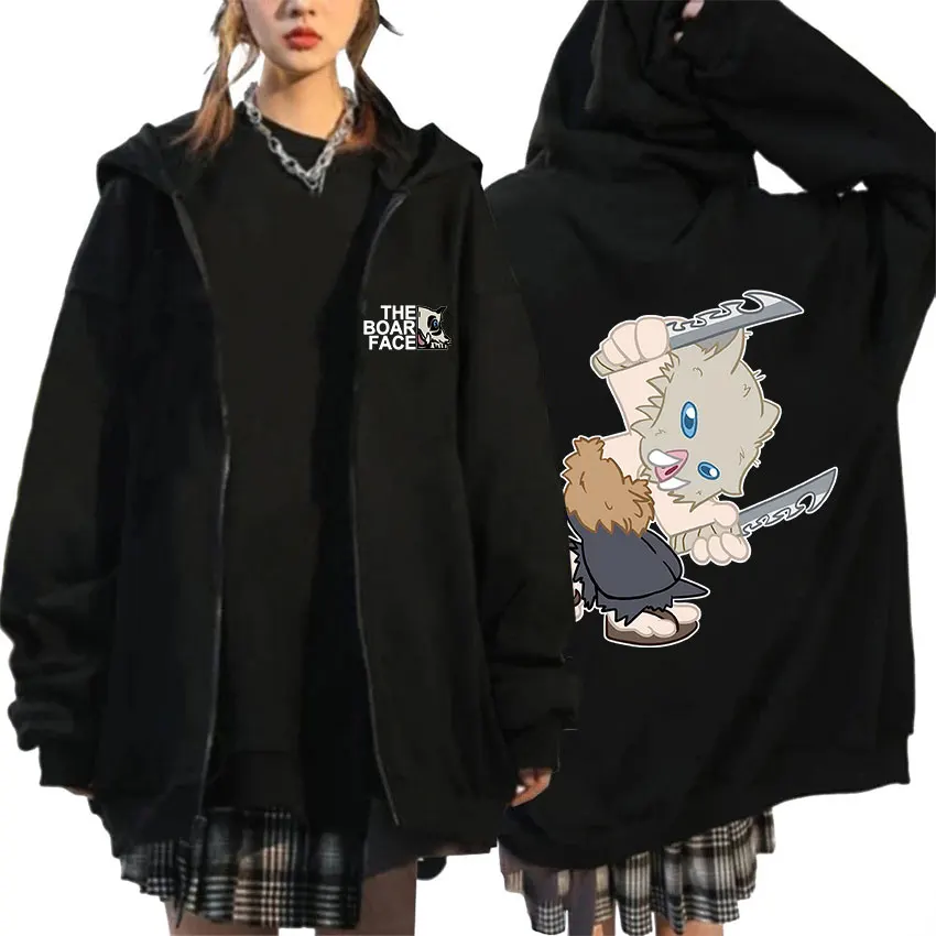 

Толстовка с капюшоном и лицом кабана на молнии для мужчин и женщин, пуловер с аниме «рассекающий демонов», куртка на молнии, уличная одежда в стиле Харадзюку