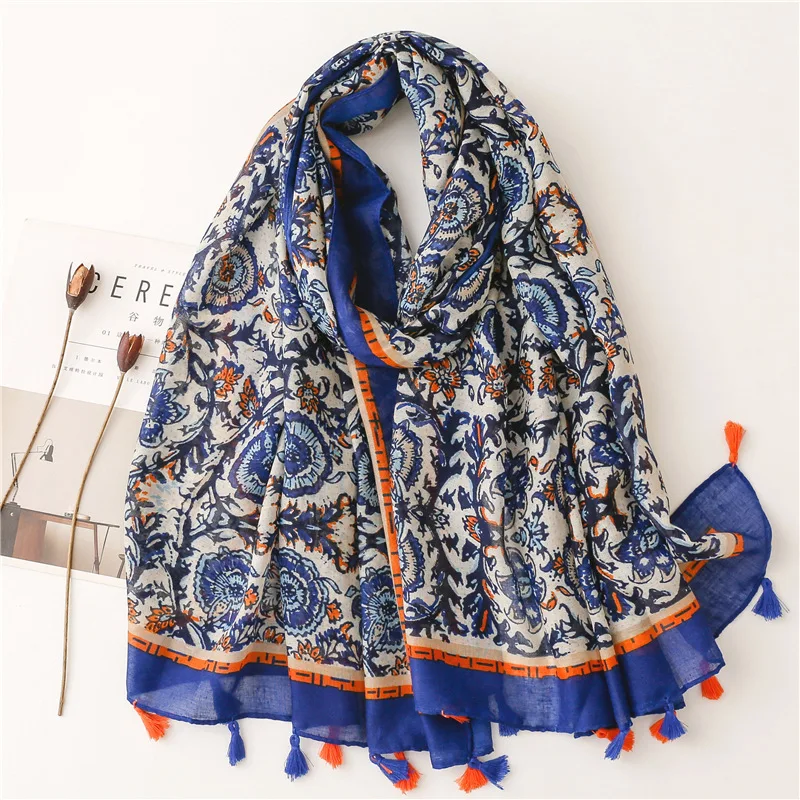 

2023 Spring Totem Pattern Tassel Scarf Shawls Soft Long Floral Pattern Foulard Head Wrap Hijab Scarves Free Shipping
