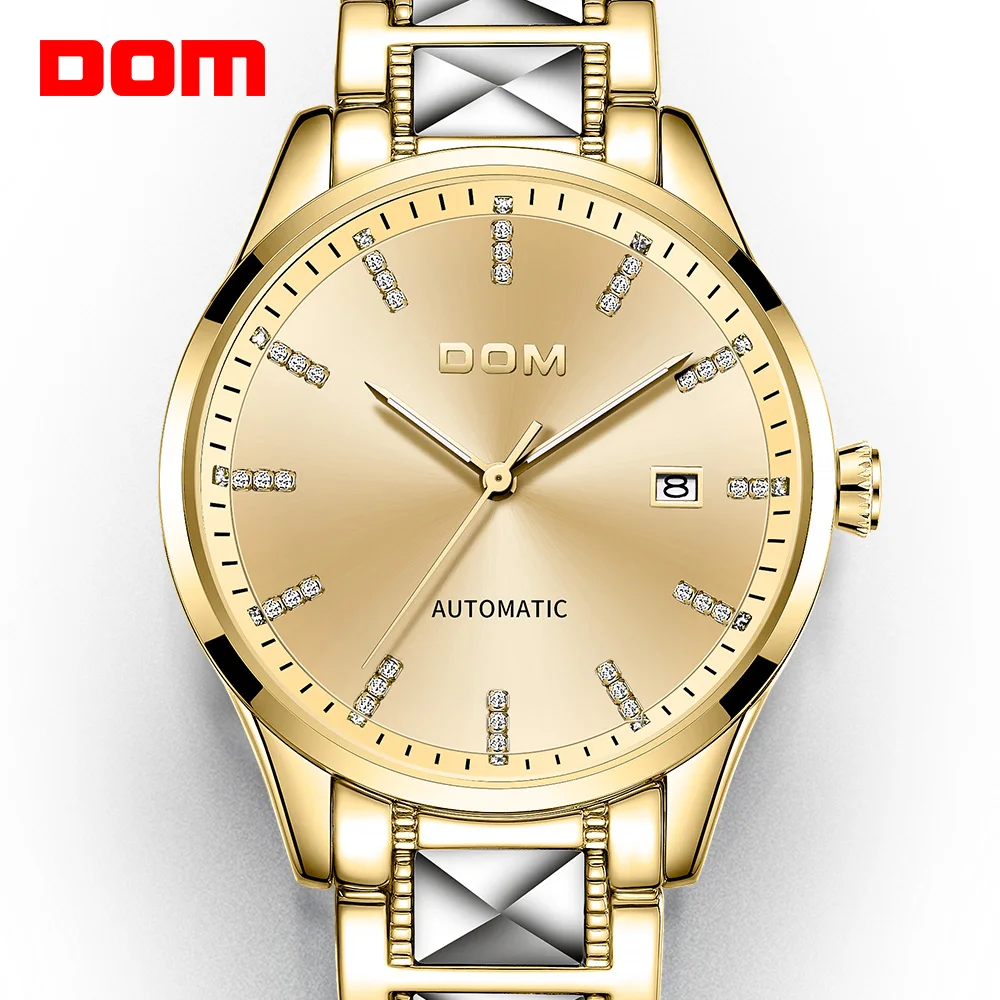 

Мужские автоматические наручные часы DOM, золотые часы из нержавеющей стали с автоматической датой, Роскошные мужские часы ведущей марки, деловые спортивные мужские часы