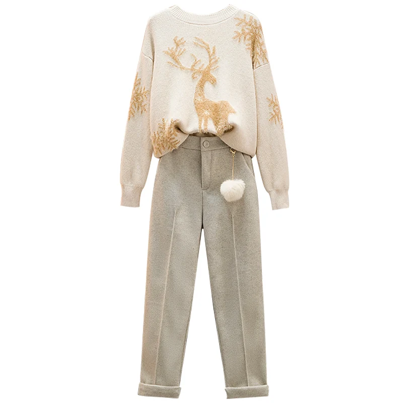 Женский спортивный костюм теплый вязаный пуловер с принтом оленя и брюки до