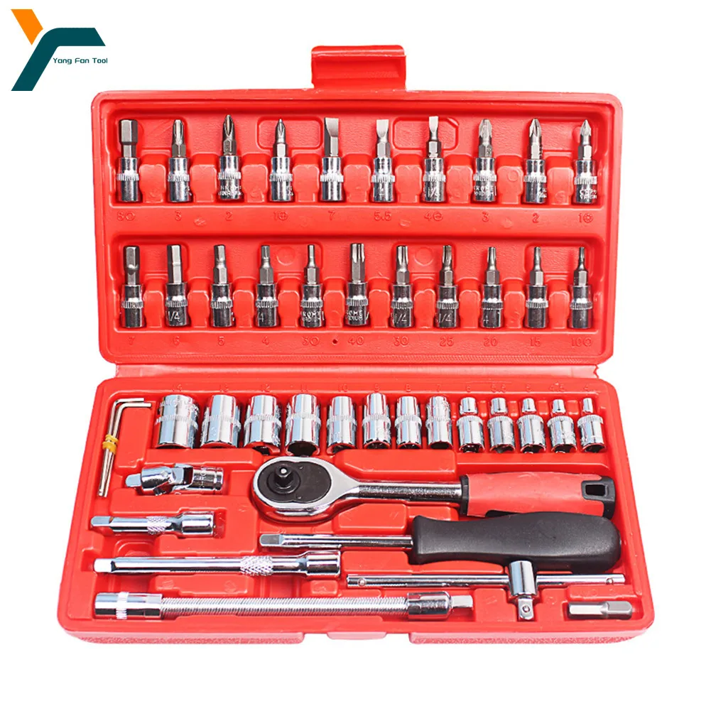 46Pcs Screwdriver Socket Ratchet Wrench Set 1/4 Inch Universal Joint Extension Bar Handle Torque Spanner Car Repair Tool Kit