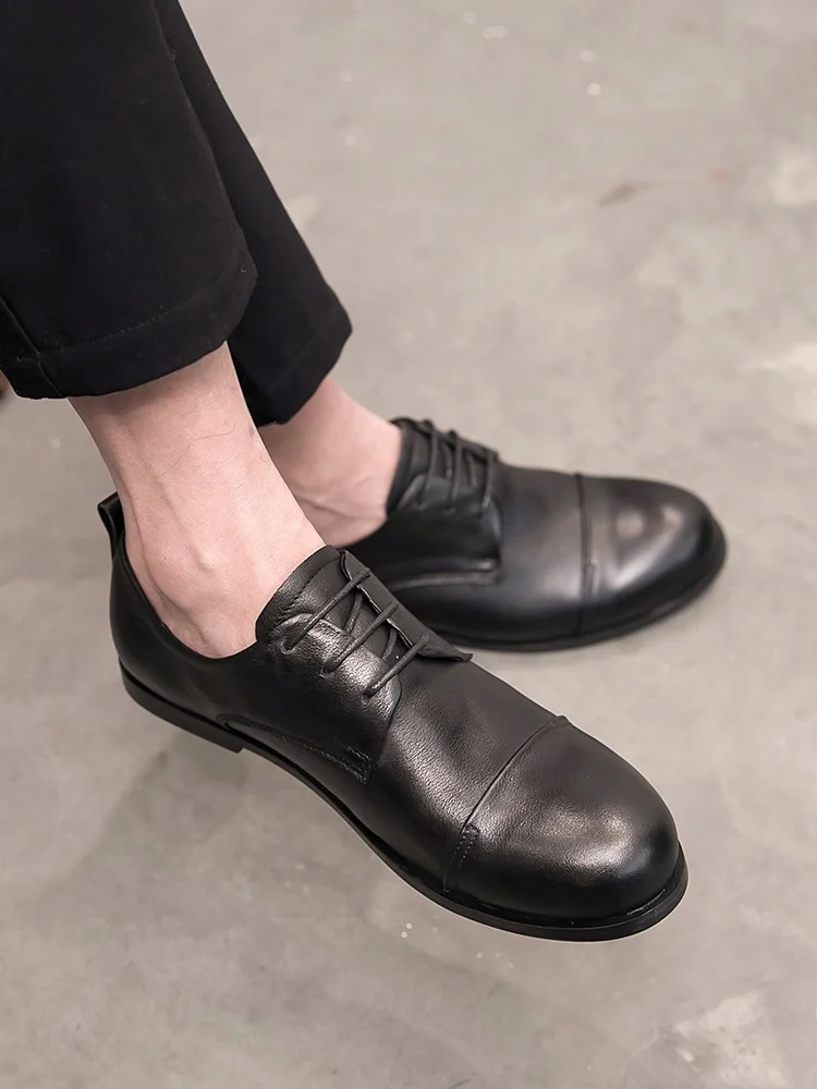 Flat Leather Shoes Men's Genuine Trendy British Three-Joint Lace-up Korean Sle round Toe Breathable Non-Slip Busine...
