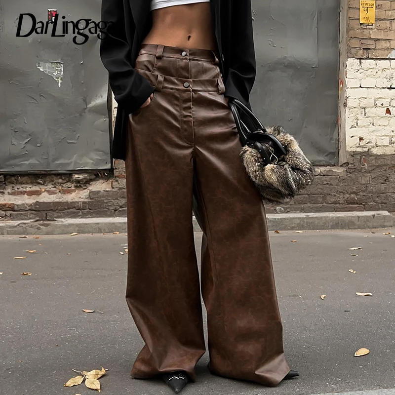 

Darlingaga Streetwear Brown Patched Design PU Leather Pants Autumn Vintage Fashion Straight Leg Female Trousers Maillard Bottoms