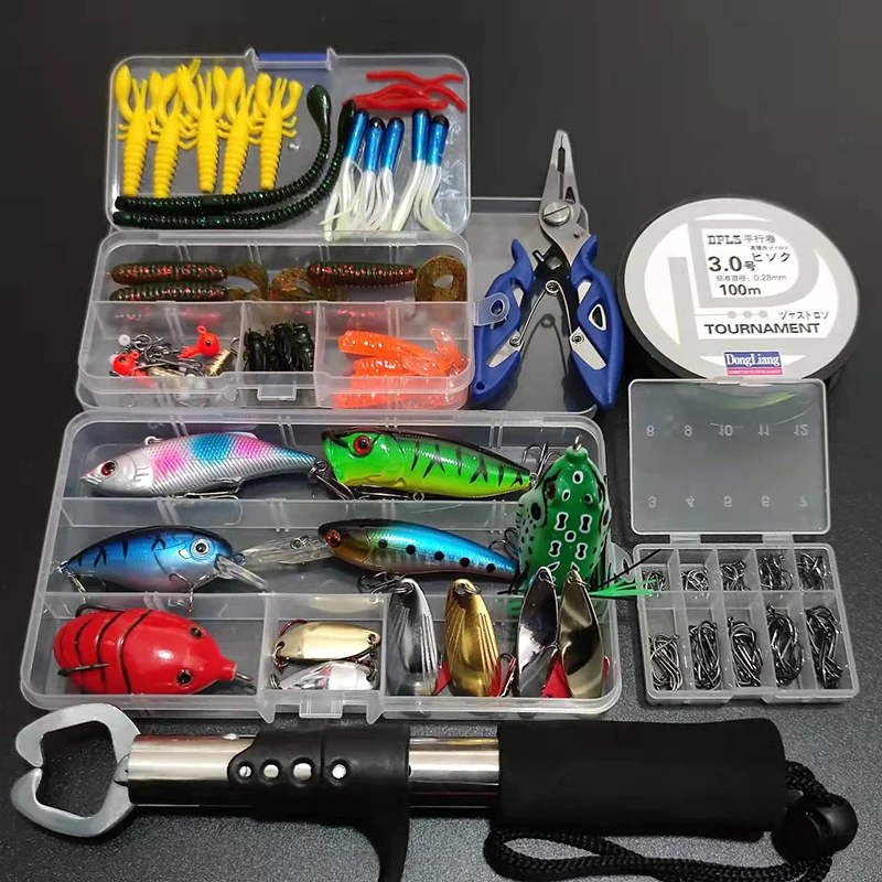 

Fishing Lure Set Mixed Spoon VIB Lure Kit Plier Grip Soft Lure Hard Bait Minnow Popper Frog Fishing Accessory Hooks in Box J493