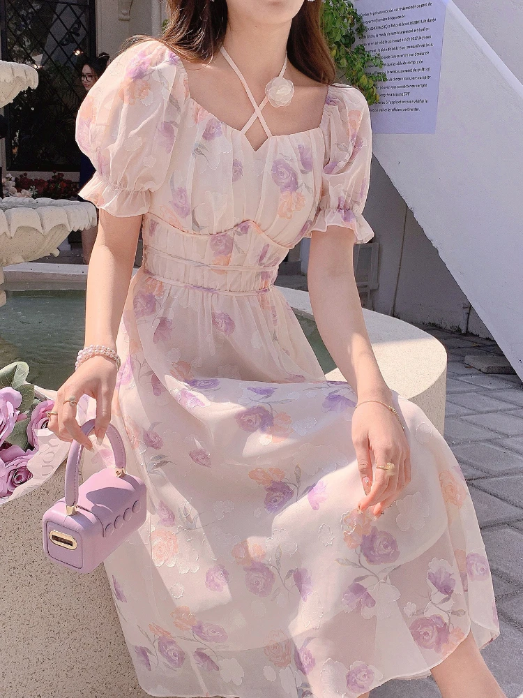 

Sweet Korean Square Collar Puff Sleeve Floral Printing Midi Dresses For Women Short Sleeve Chiffon Dress Elegant Summer 2023 New