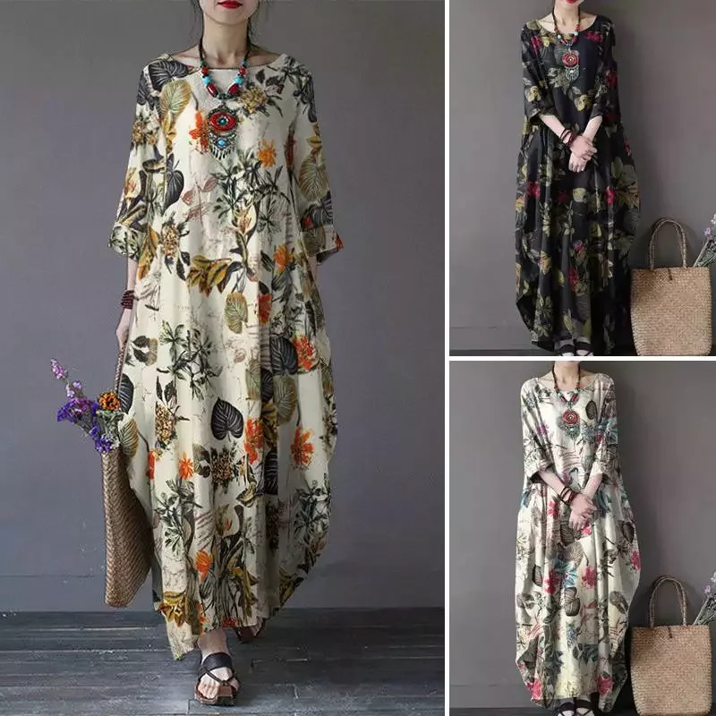

ZANZEA Vintage Printed Maxi Long Dress Women Sundress Casual Long Sleeve Kaftan Dresses Female Baggy Floral Vestidos 7