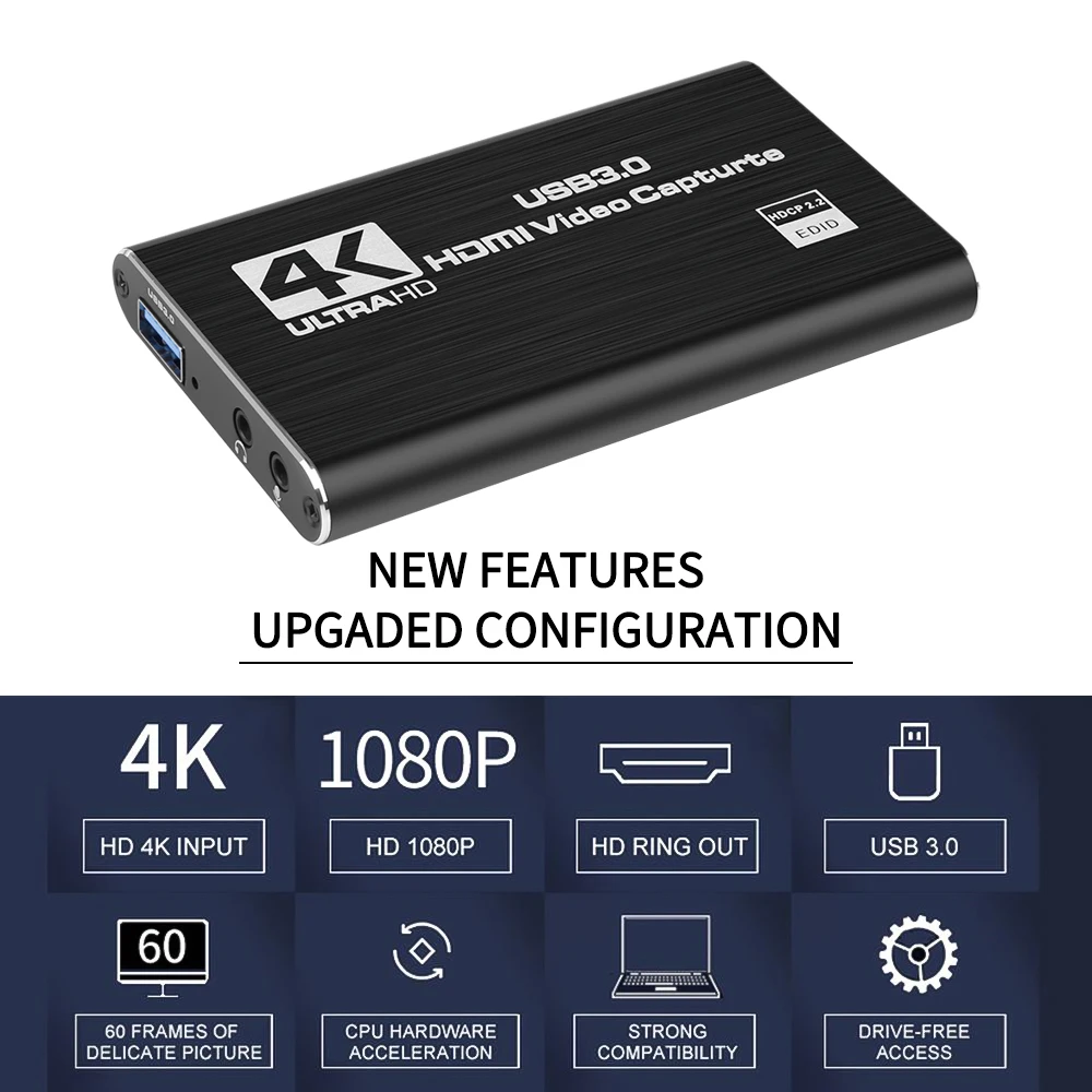Видеокарта захвата 4K Ultra HD USB 3.0 2.0 HDMI-совместимый граббер-рекордер для записи игр PS4, DVD, камеры и стриминга в реальном времени.