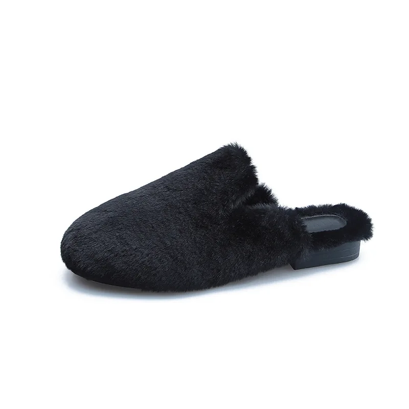 Women Home Outdoor Shoes Winter White Wool Slides Fluffy Hair Mules Bedroom Pantuflas Mujer Smooth Faux Fur Slippers