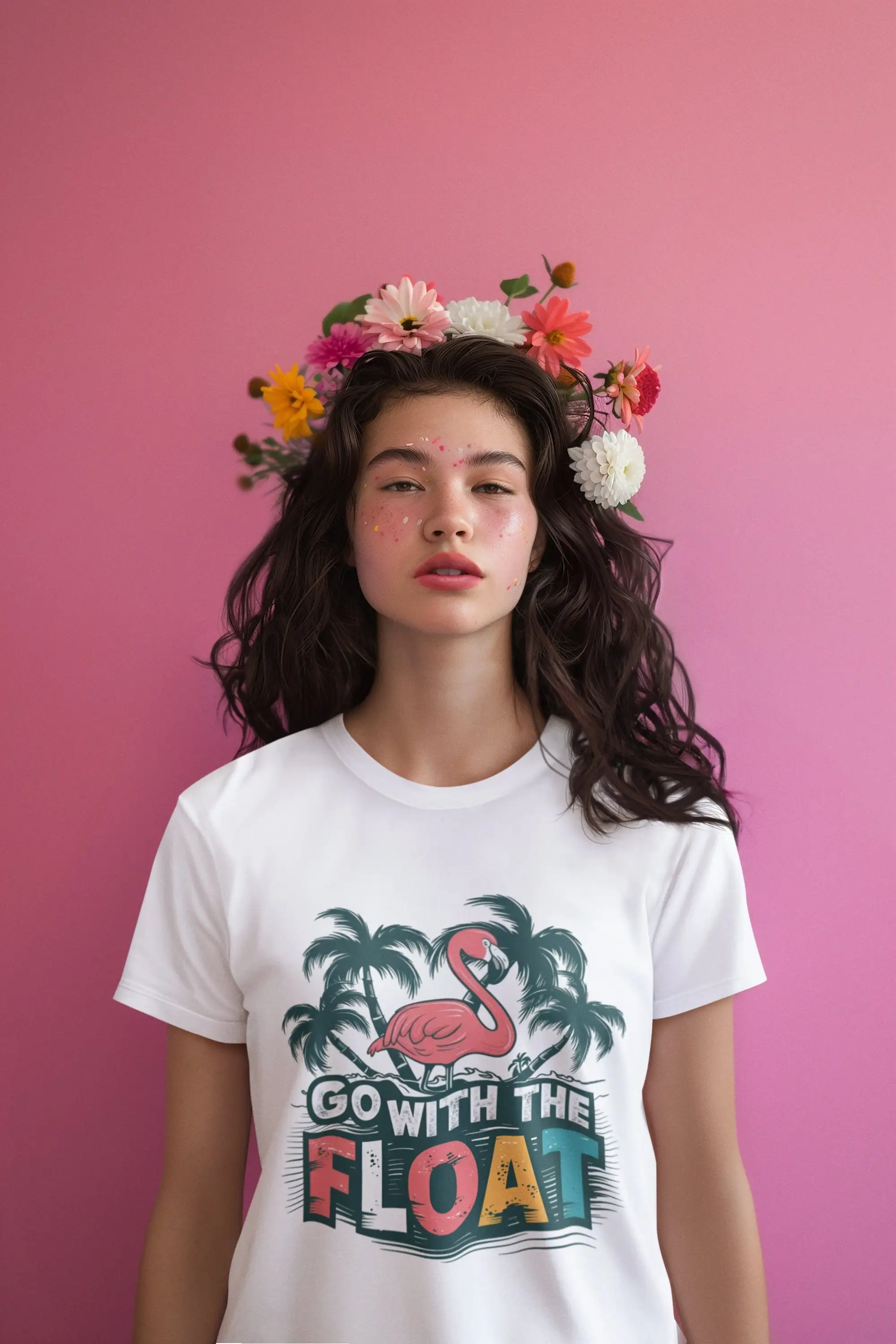 Футболка с тропическим фламинго Beach Vibes Go With The Float Винтажный дизайн Пальмы Ocean Waves