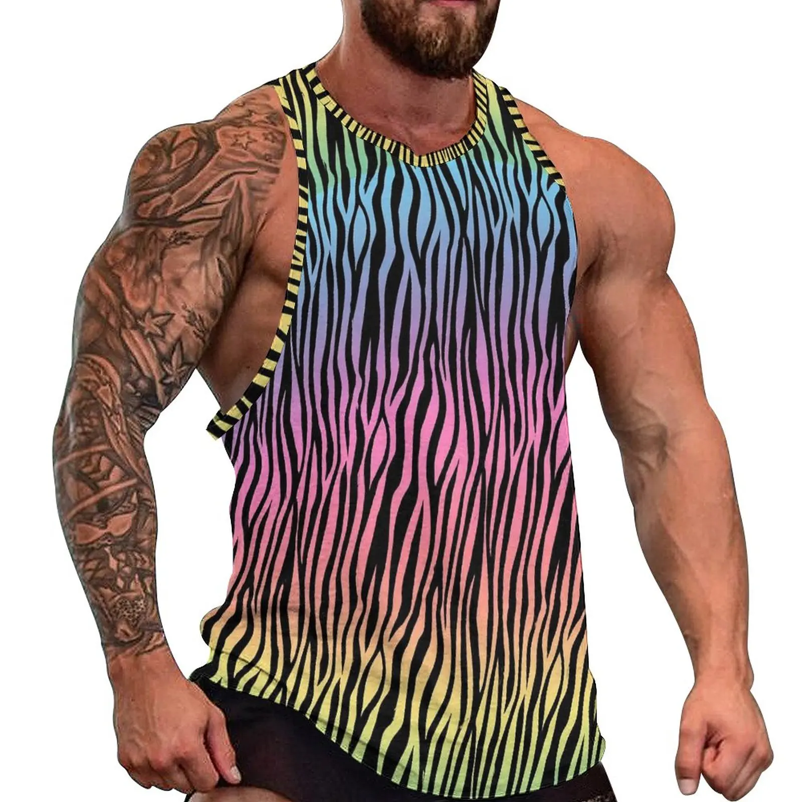 

Tiger Stripes Fur Tank Top Man's Metallic Animal Print Vintage Tops Summer Gym Custom Sleeveless Vests Plus Size