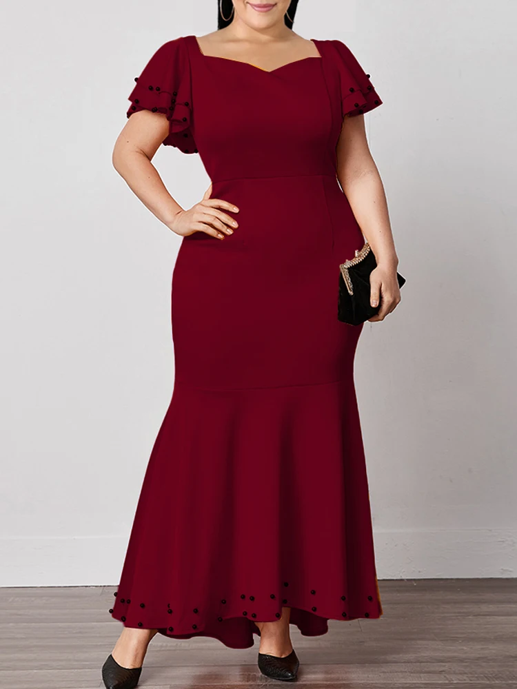

Plus Size Dresses for Women Long Slim Burgundy High Waist Ruffles Sleeves Birthday Evening Party Bodycon Mermaid Curve Dress 5XL