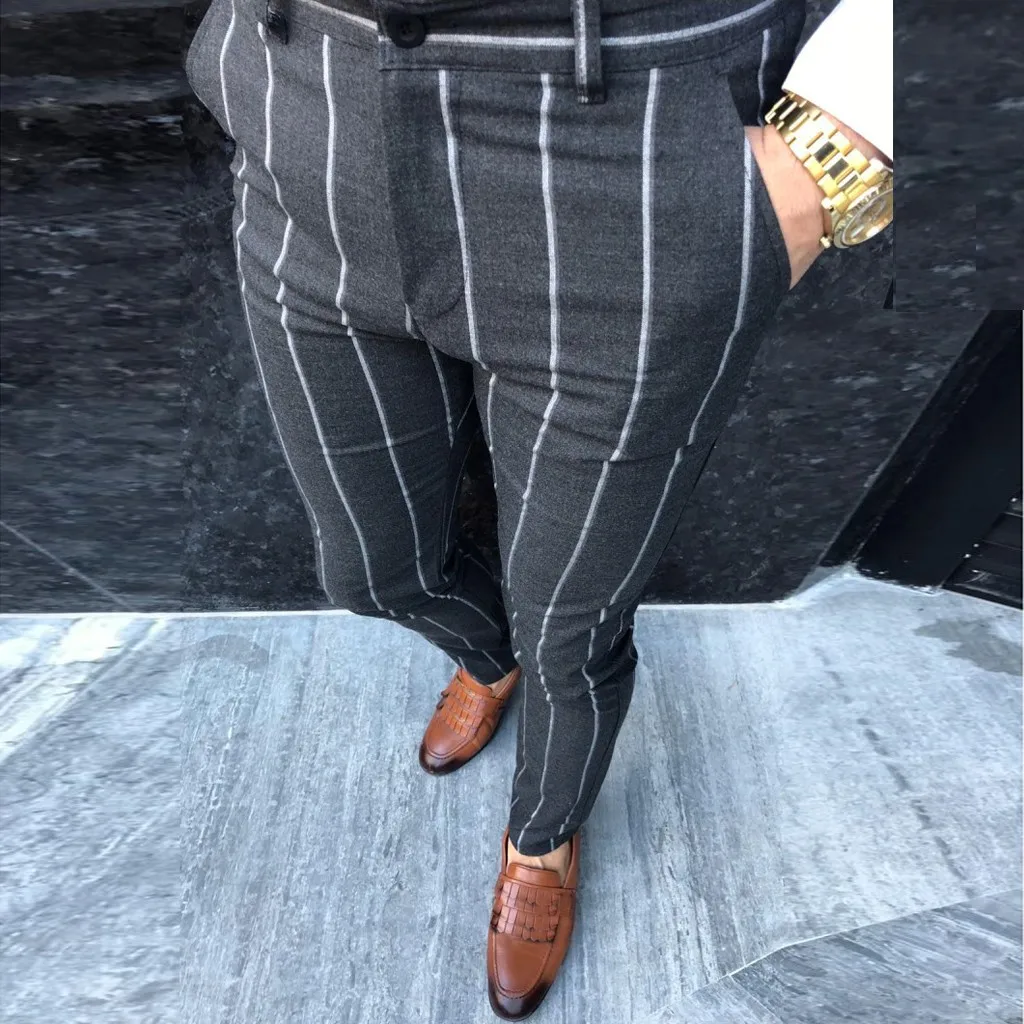 

Casual Slim Business Fashion Long Trousers Men Pants Print Zipper Fit Striped Men's pants
