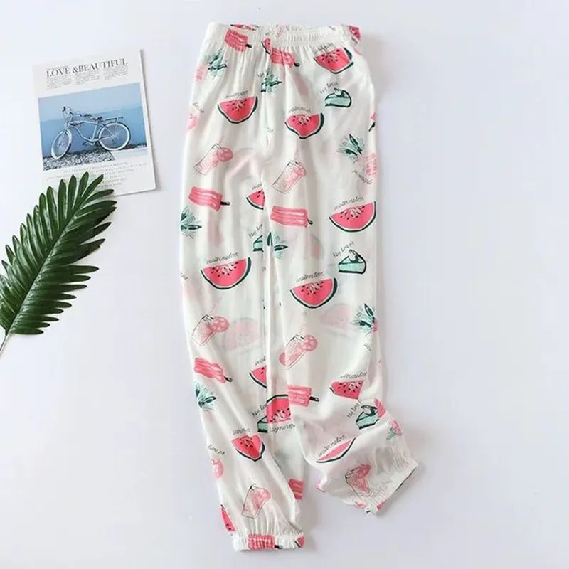 Summer SleepPants Casual Sleepwear For Women Pyjama Women's Cartoon Print 100% Cotton 2022 Fashion Sweet Flower Long Pant