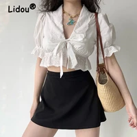 french cardigan v neck sexy blouses top fashion womens straps hollow out summer embroidery white wild chic short blouse shirt