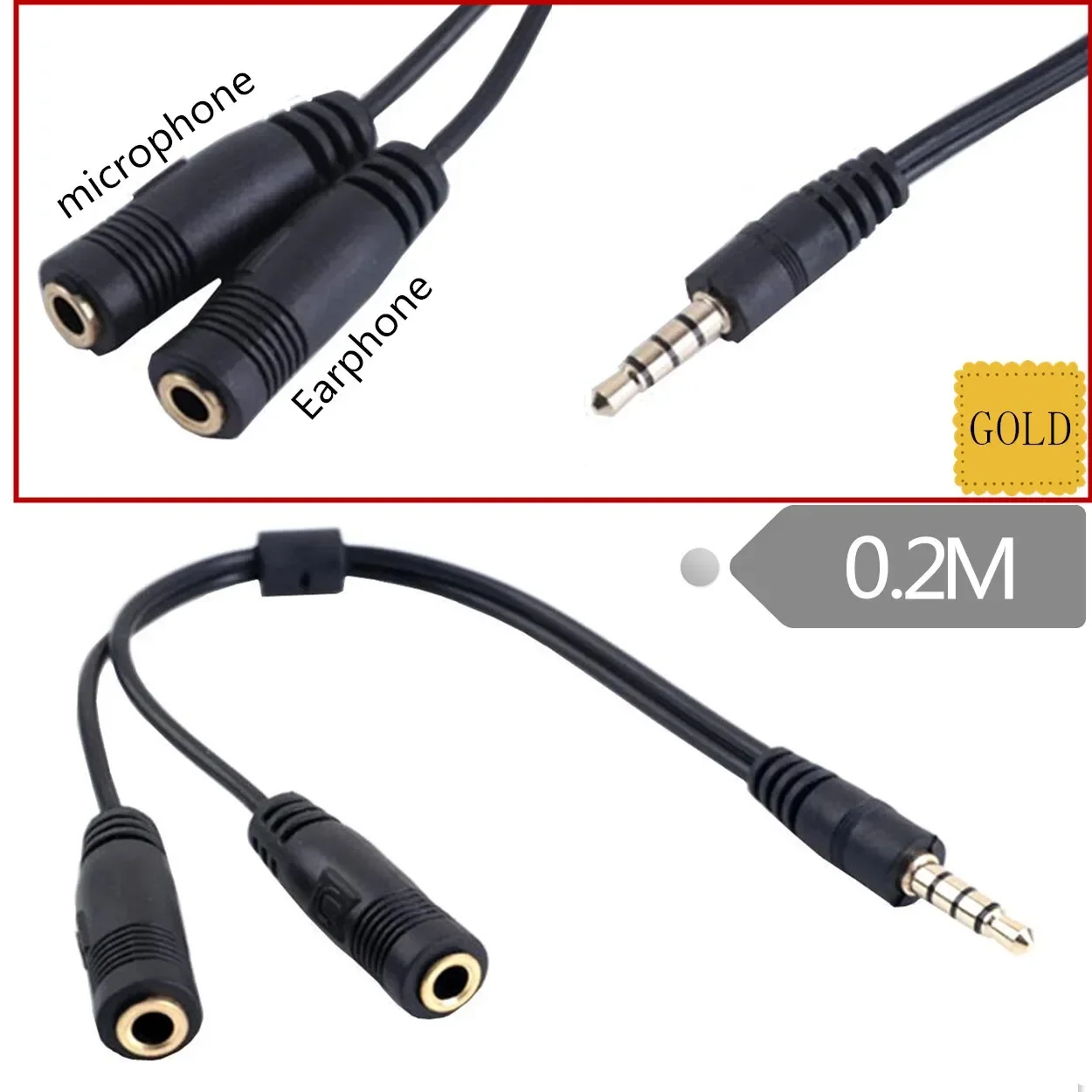 3.5mm stereo TRRS audio male to Earphone headset + microphone adapter PC iphone 0.2m