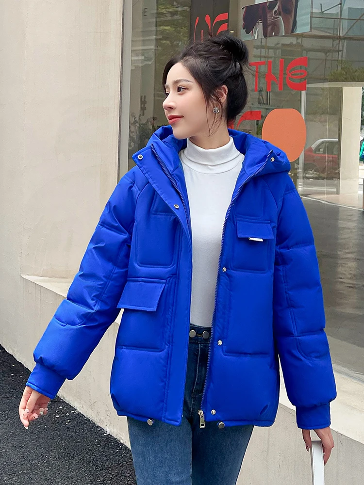New Winter Puffer Jacket Women Fashion Loose Multiple Pockets Thick Woman Parkas Hooded Bubble Coats