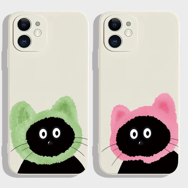 Cute Cartoon Black Cat Couple Phone Case For iPhone 16 15 11 12 14 13 Pro Max Mini XS XR 8 Plus SE Kawaii Animal Cellphone Cover