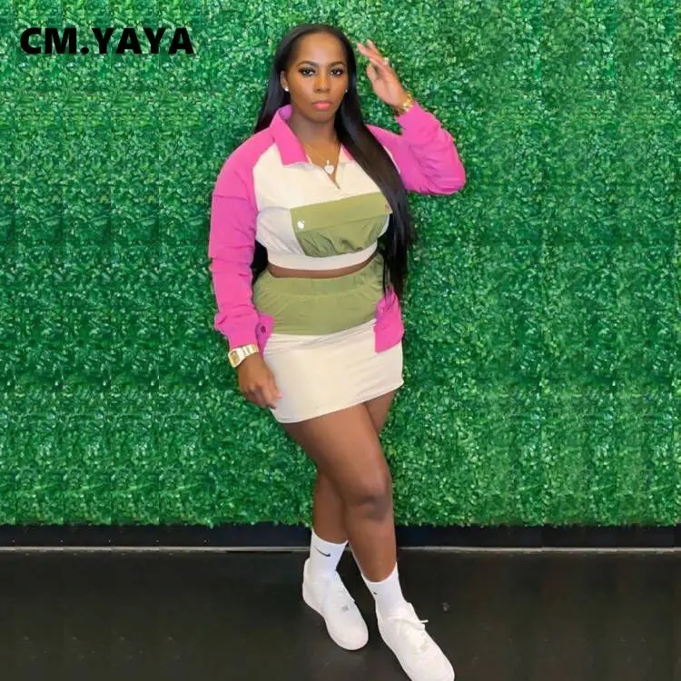 

Женский костюм с мини-юбкой CM.YAYA в стиле пэчворк, топ с отложным воротником, комплект из двух предметов, платье для активного отдыха