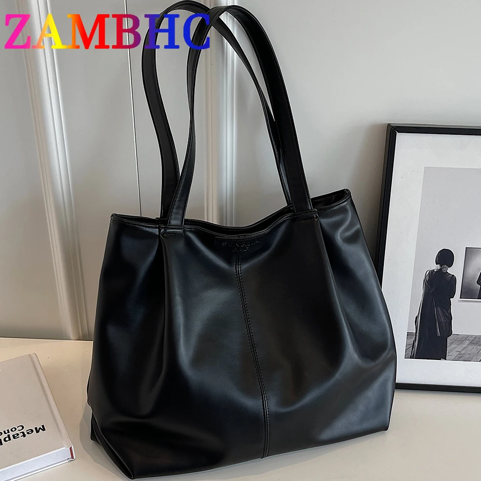 

Large Capacity Women's Casual Tote Soft PU Leather Shoulder Bags 2023 Simple Solid Color Female Handbags and Purses Shopping Bag