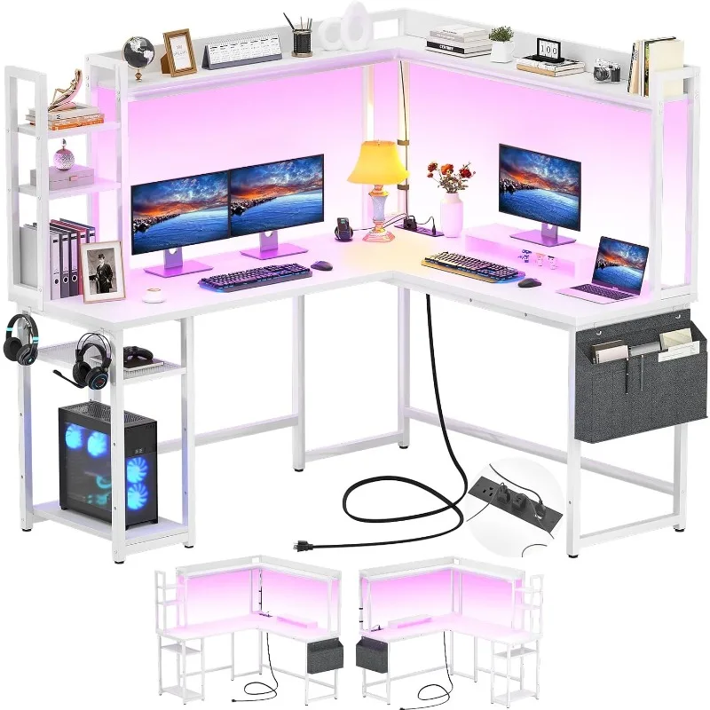 

L-образный стол с выходом питания, L-образный игровой стол со светодиодной подсветкой, двусторонний стол для дома и офиса