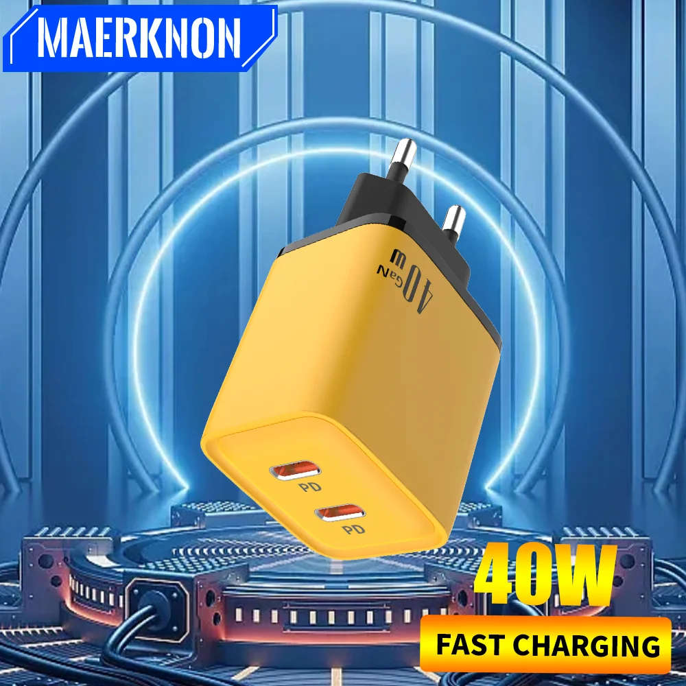 

MAERKNON 40W USB Type C Charger GaN 20W Dual Port Charger Support PD Fast Charging Adapter For iPhone 15 14 13 12 11 ProMax iPad