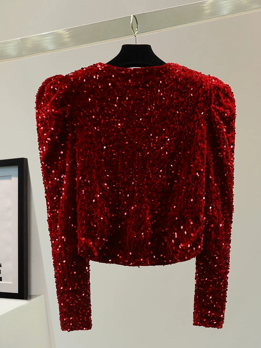 Осень и зима новый высококачественный короткий красный бархатный топ с