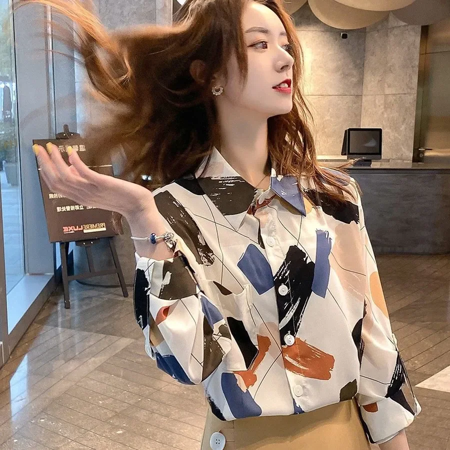 Женская шифоновая блузка с цветочным принтом Элегантная модная геометрическим