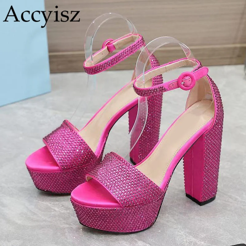 

New Runway Chunky High Heel Platform Sandals Women Peep Toe Ankle Strap Thick Sole Rhineatone Sandalias Summer Party Dress Shoes