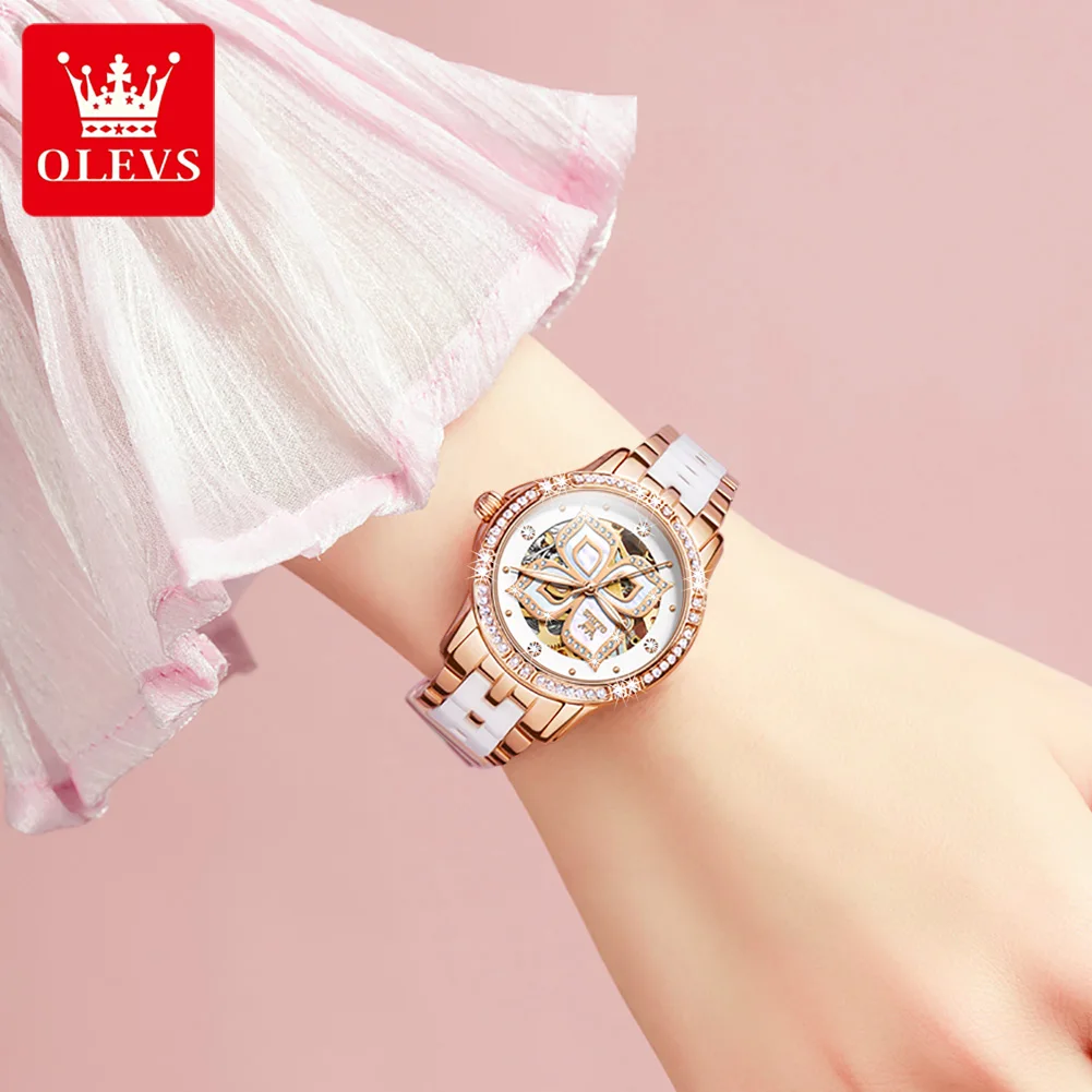 OLEVS Watch For Women Luxury Rose Gold Automatic Skeleton Mechanical Ladies Ceramic Dress Diamond Waterproof Wristwatch 6612 enlarge