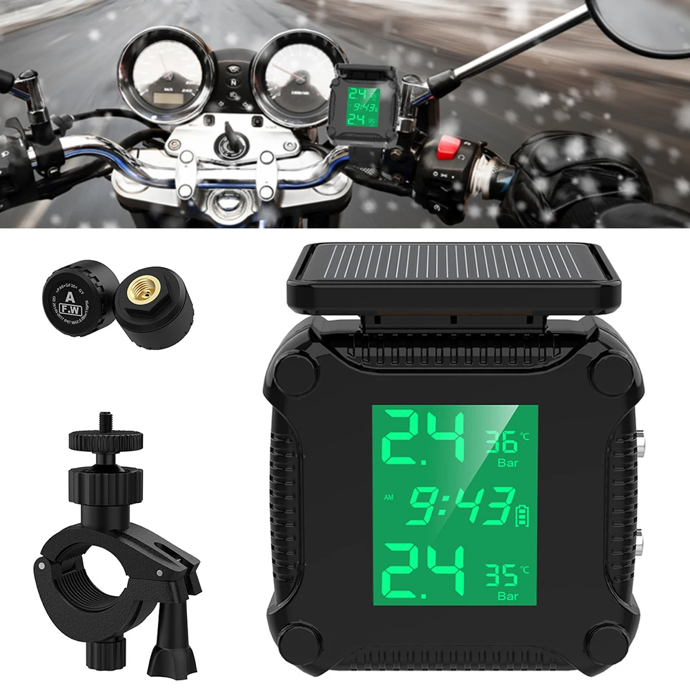 

Motorcycle TPMS Waterproof Tire Pressure Monitoring System Temperature Alarm With 2 Sensors Solar Power and USB Charging