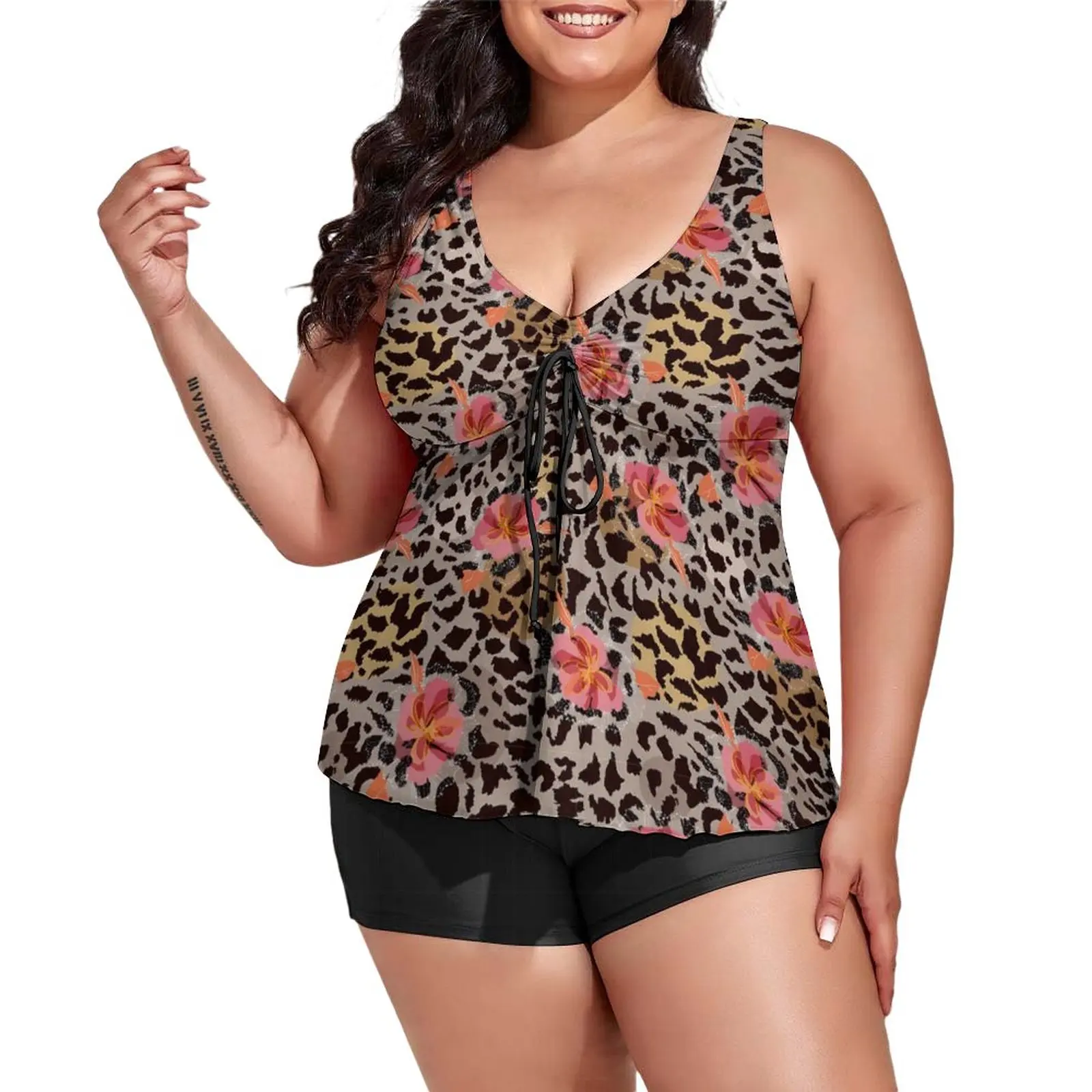 

Floral Leopard Tankini Swimsuit Cheetah Animal Print Two-Piece Fitness Swimwear Women Swimsuits Design Bathing Suit Plus Size