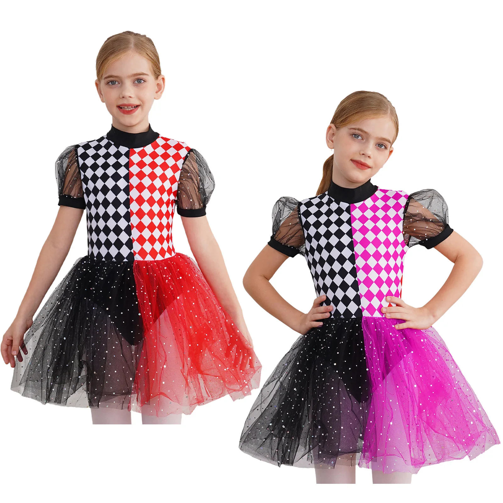 Платье-пачка с шахматным принтом и рукавами-фонариками