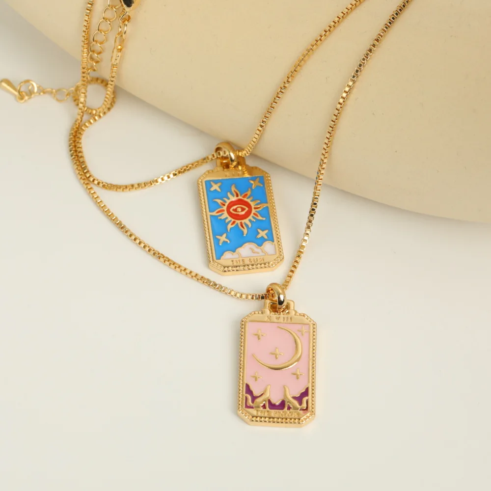 

Vintage Enamel Tarot Cards Pendant Necklace for Women Dripping Oil The Sun Moon Square Choker Good Luck Amulet Jewelry Gifts