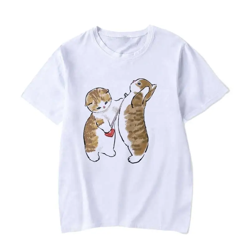

Casual Cartoon Cute Kitten Print T-shirt For Women Summer New Fashion Loose O-neck Stitch Crop Top 2023 Oversize Women Clothing